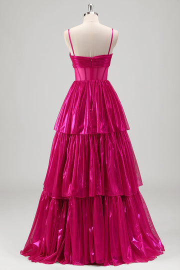 Glitrende En linje Fuchsia Korset Lagdelt Spaghetti Stropper Metallisk Gallakjole